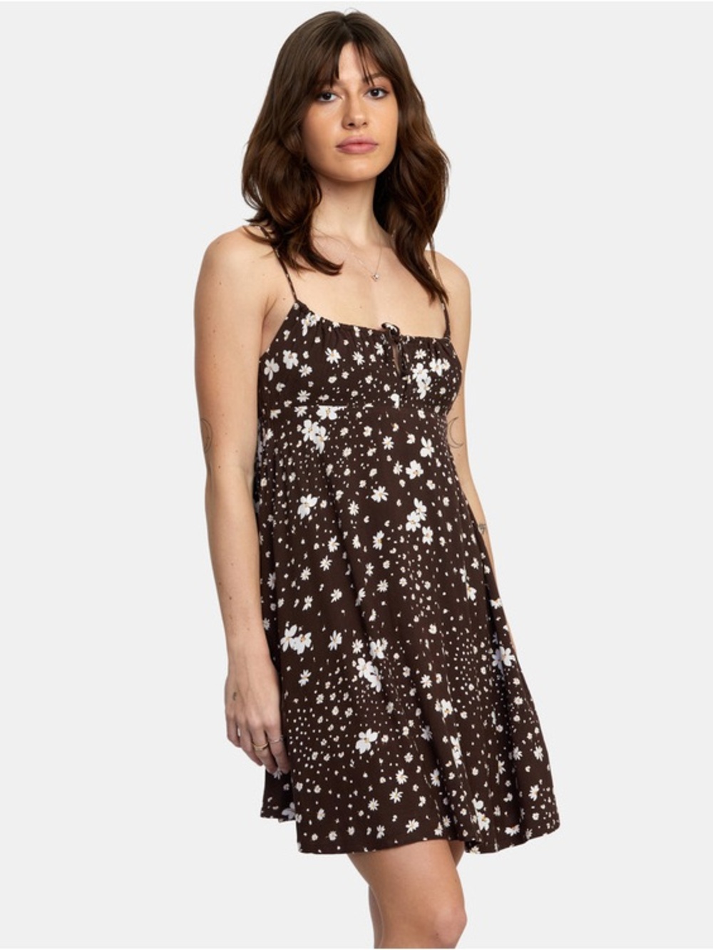 RVCA Floral Spaghetti-Strap Dress in Dark Brown and White